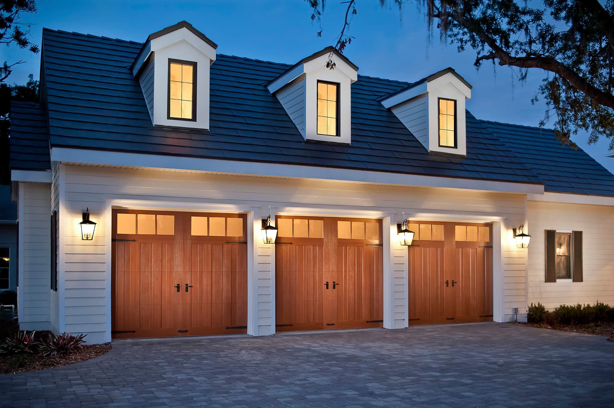 Beautiful modern garage doors at dusk
